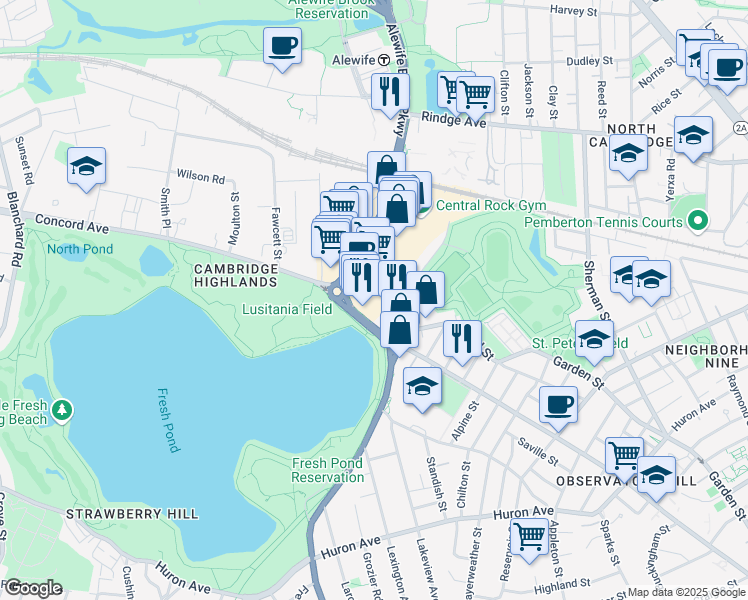 map of restaurants, bars, coffee shops, grocery stores, and more near 220 Alewife Brook Parkway in Cambridge