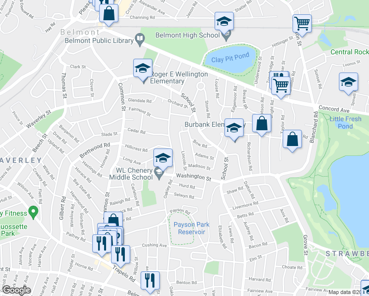map of restaurants, bars, coffee shops, grocery stores, and more near 58 Lincoln Street in Belmont
