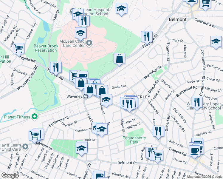 map of restaurants, bars, coffee shops, grocery stores, and more near 36 Grant Avenue in Belmont