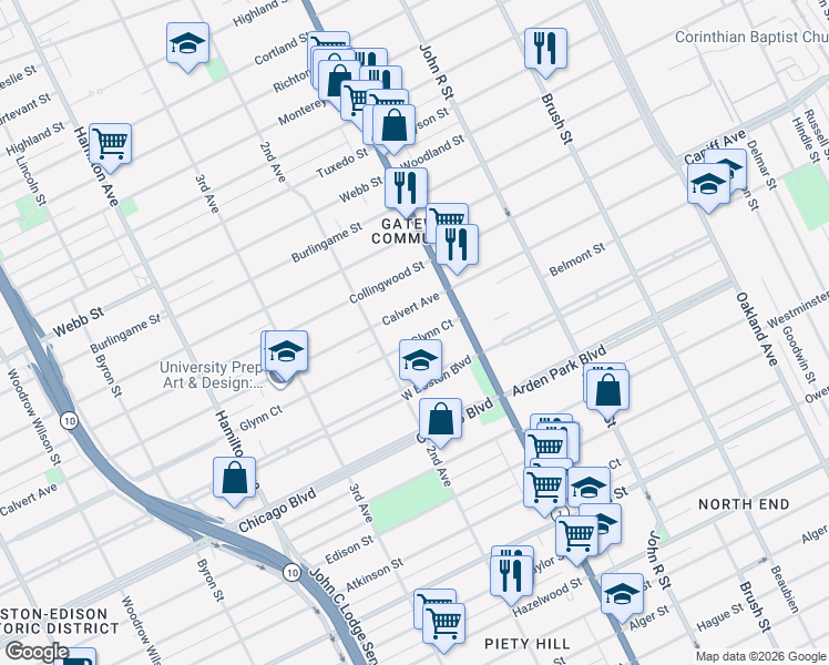 map of restaurants, bars, coffee shops, grocery stores, and more near 111 Calvert Avenue in Detroit