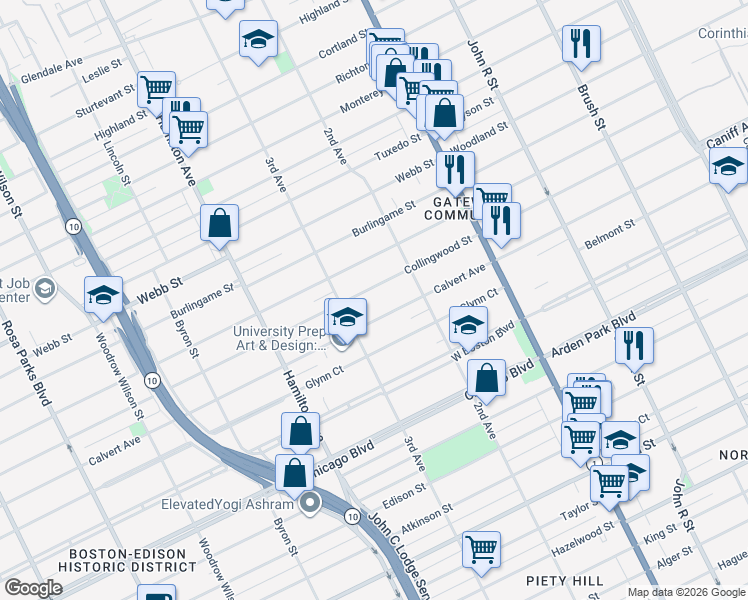 map of restaurants, bars, coffee shops, grocery stores, and more near 677 Collingwood Street in Detroit