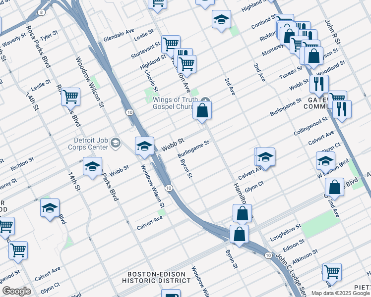 map of restaurants, bars, coffee shops, grocery stores, and more near 1249 Webb Street in Detroit