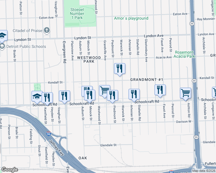 map of restaurants, bars, coffee shops, grocery stores, and more near 14046 Grandville Avenue in Detroit