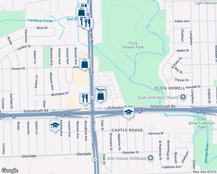 map of restaurants, bars, coffee shops, grocery stores, and more near 14075 Riverview Street in Detroit