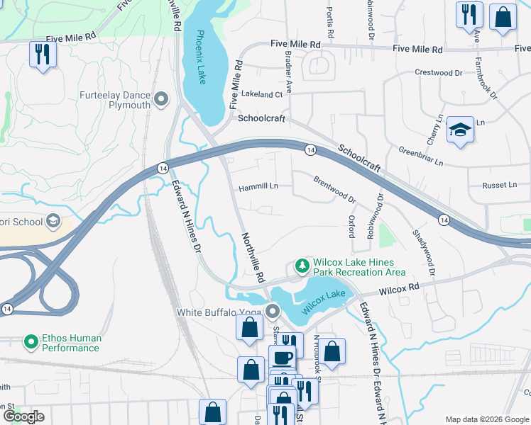 map of restaurants, bars, coffee shops, grocery stores, and more near 42591 Plymouth Hollow Drive in Plymouth