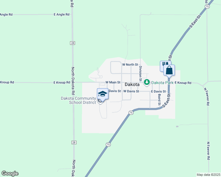 map of restaurants, bars, coffee shops, grocery stores, and more near 401 West Main Street in Dakota