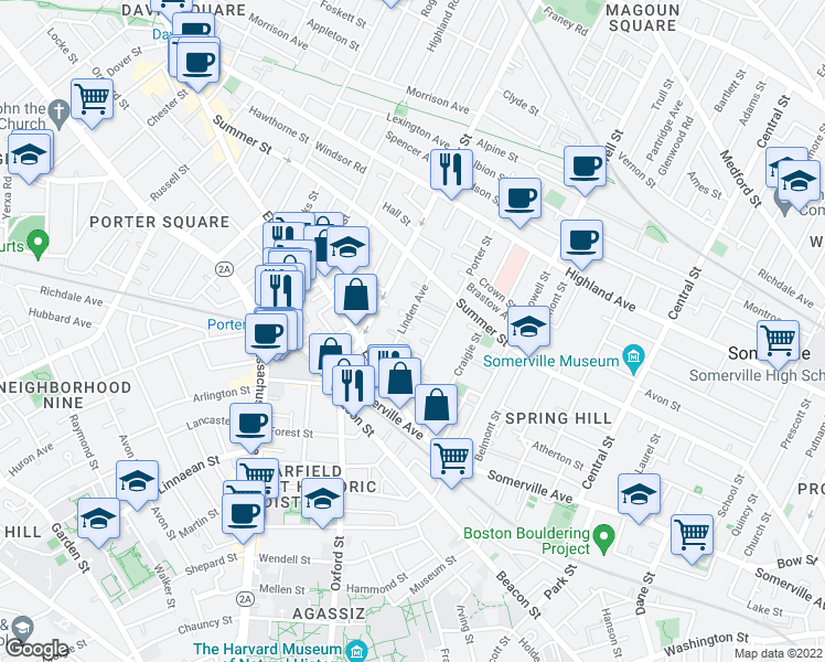 map of restaurants, bars, coffee shops, grocery stores, and more near 27 Linden Avenue in Somerville