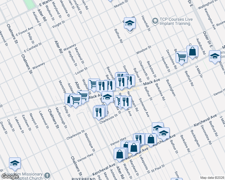 map of restaurants, bars, coffee shops, grocery stores, and more near 3535 Barham Street in Detroit