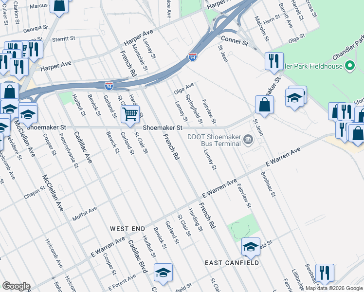 map of restaurants, bars, coffee shops, grocery stores, and more near 5271 Montclair Street in Detroit