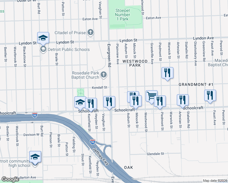 map of restaurants, bars, coffee shops, grocery stores, and more near 14056 Evergreen Road in Detroit