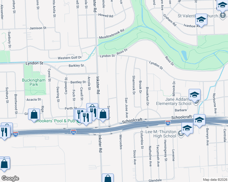 map of restaurants, bars, coffee shops, grocery stores, and more near 14154 Mercedes in Redford Charter Township