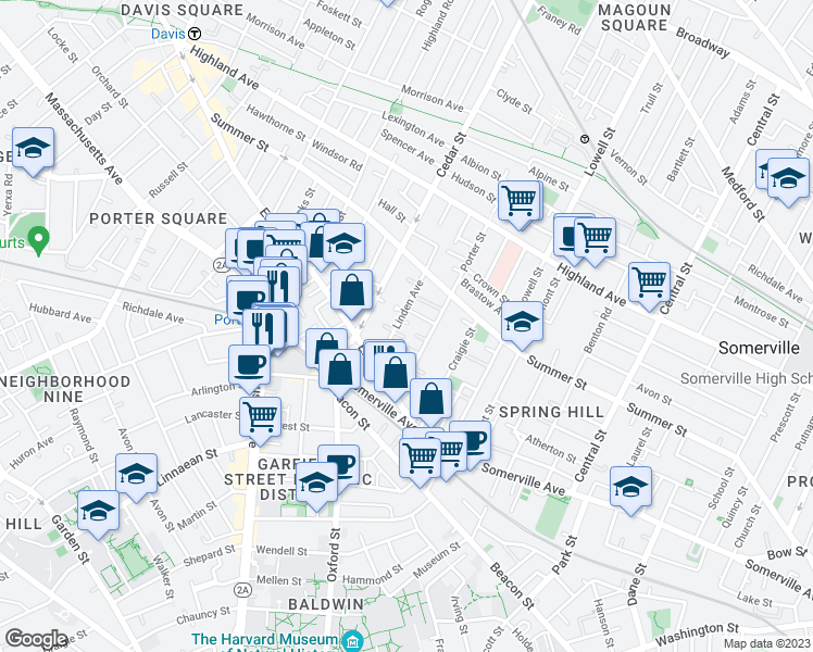 map of restaurants, bars, coffee shops, grocery stores, and more near 25 Linden Avenue in Somerville