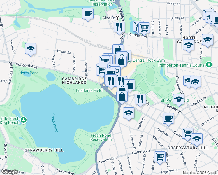 map of restaurants, bars, coffee shops, grocery stores, and more near 220 Alewife Brook Parkway in Cambridge