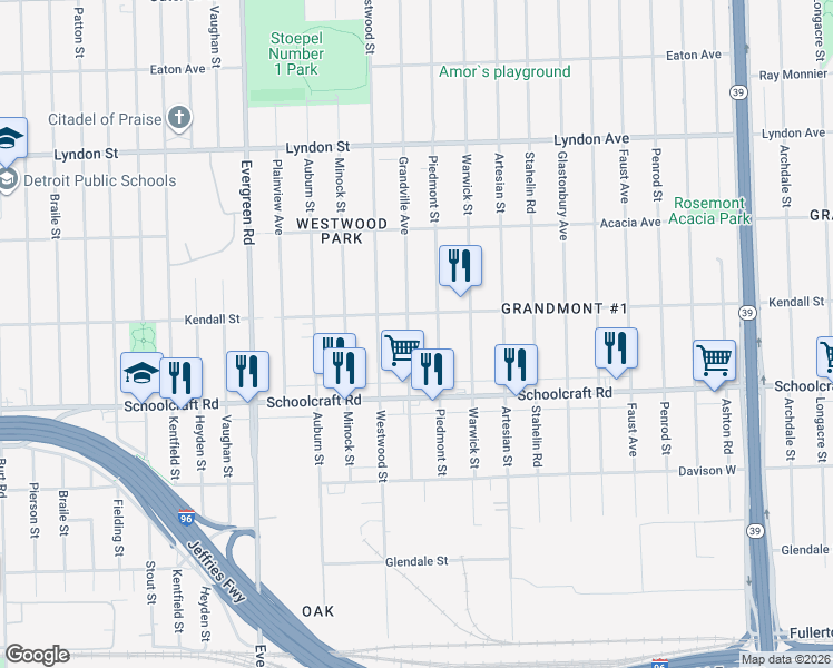 map of restaurants, bars, coffee shops, grocery stores, and more near 14046 Grandville Avenue in Detroit