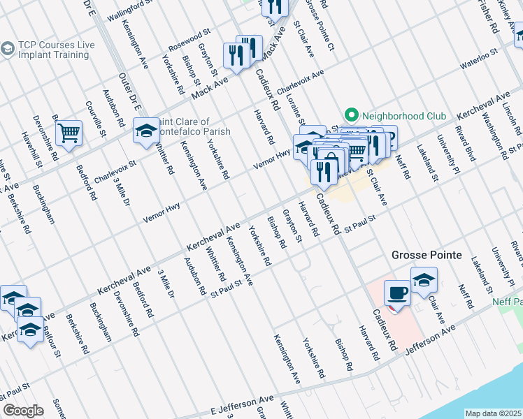 map of restaurants, bars, coffee shops, grocery stores, and more near 1204 Bishop Road in Grosse Pointe Park