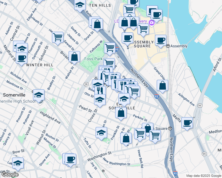 map of restaurants, bars, coffee shops, grocery stores, and more near 154 Broadway in Somerville
