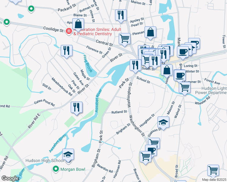 map of restaurants, bars, coffee shops, grocery stores, and more near 43 Park Street in Hudson