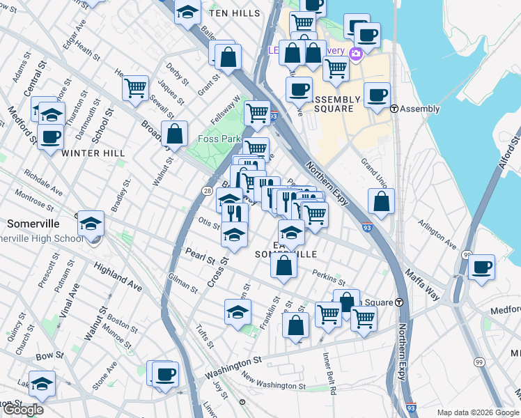 map of restaurants, bars, coffee shops, grocery stores, and more near 149 Broadway in Somerville