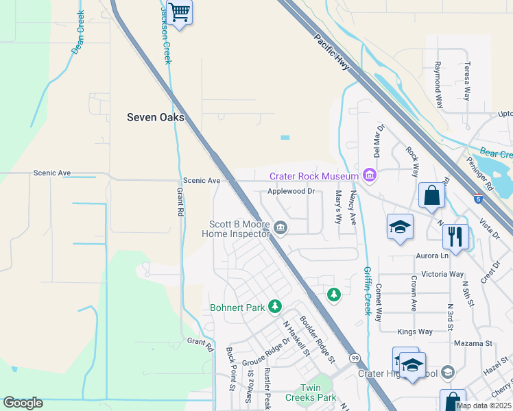 map of restaurants, bars, coffee shops, grocery stores, and more near 130 Willow Bend Way in Central Point