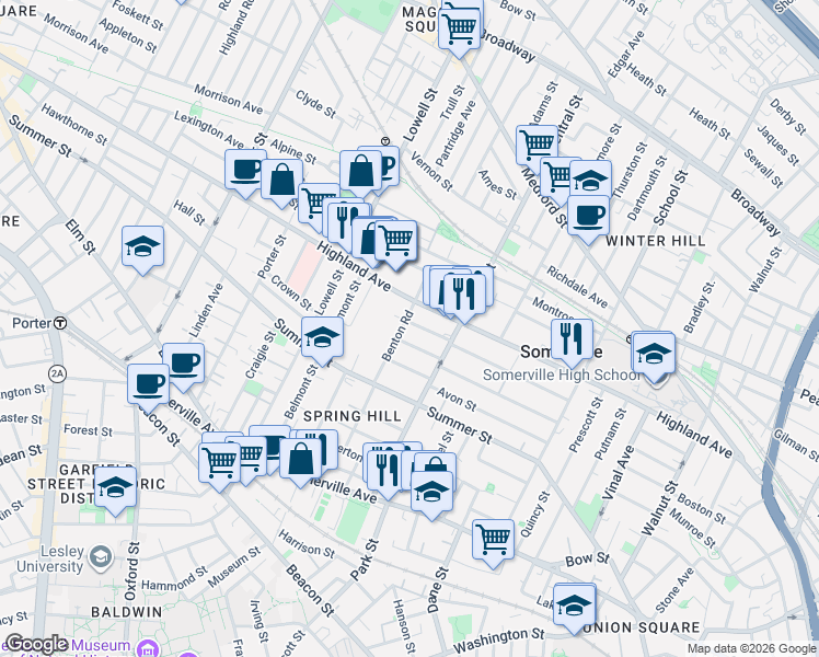 map of restaurants, bars, coffee shops, grocery stores, and more near 44 Benton Road in Somerville