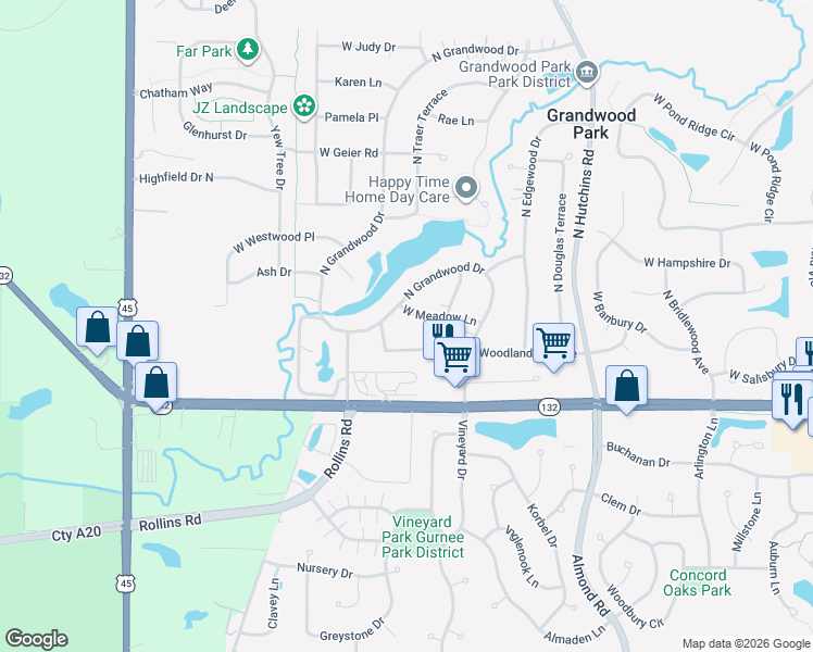 map of restaurants, bars, coffee shops, grocery stores, and more near 18525 West Meadow Lane in Gurnee