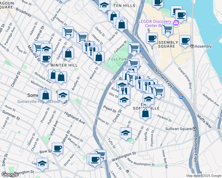 map of restaurants, bars, coffee shops, grocery stores, and more near in Somerville