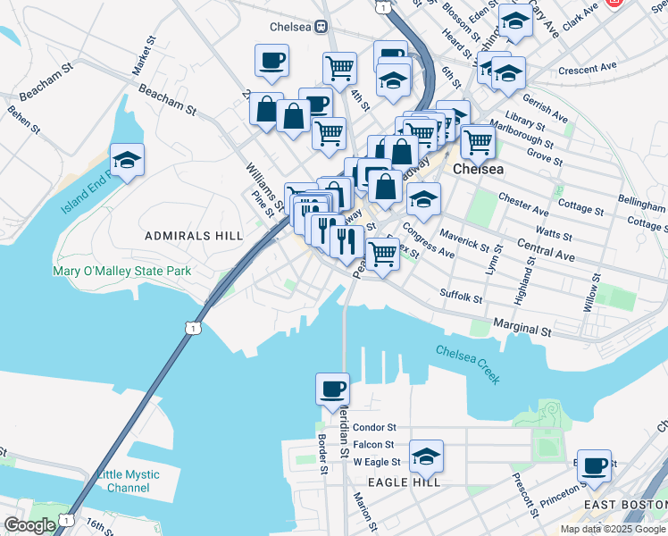 map of restaurants, bars, coffee shops, grocery stores, and more near Winnisimmet Street in Chelsea