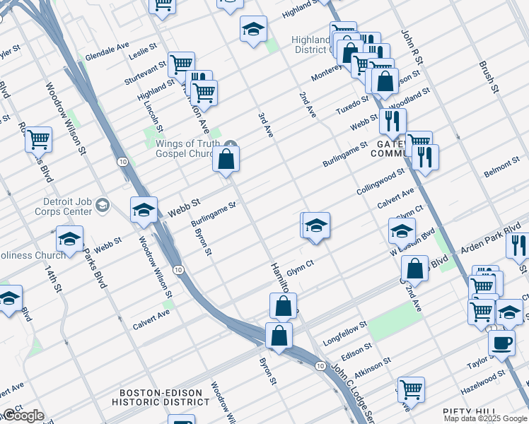 map of restaurants, bars, coffee shops, grocery stores, and more near 918 Lawrence Street in Detroit