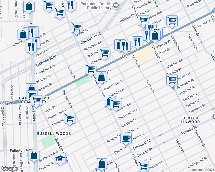 map of restaurants, bars, coffee shops, grocery stores, and more near 3330 Buena Vista Street in Detroit