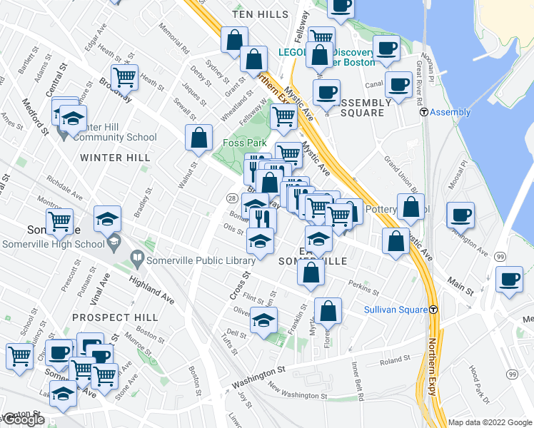 map of restaurants, bars, coffee shops, grocery stores, and more near 5 Cross Place in Somerville