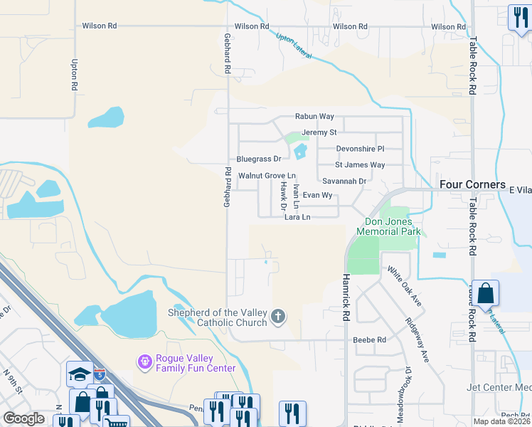 map of restaurants, bars, coffee shops, grocery stores, and more near 1205 Twin Rocks Drive in Central Point