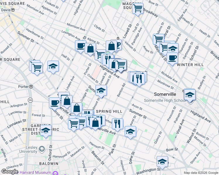 map of restaurants, bars, coffee shops, grocery stores, and more near 22 Spring Hill Terrace in Somerville