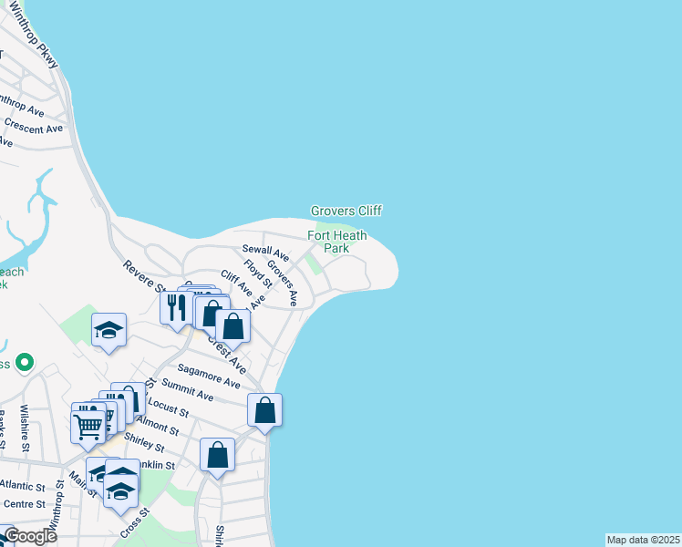 map of restaurants, bars, coffee shops, grocery stores, and more near 1 Seal Harbor Road in Winthrop