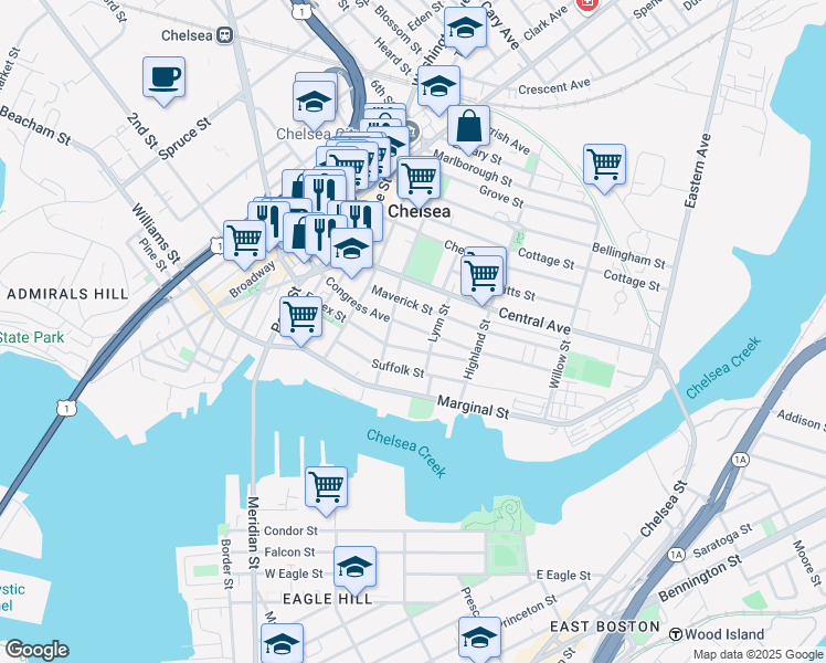map of restaurants, bars, coffee shops, grocery stores, and more near 154 Congress Avenue in Chelsea