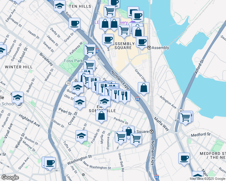 map of restaurants, bars, coffee shops, grocery stores, and more near 34 Indiana Avenue in Somerville