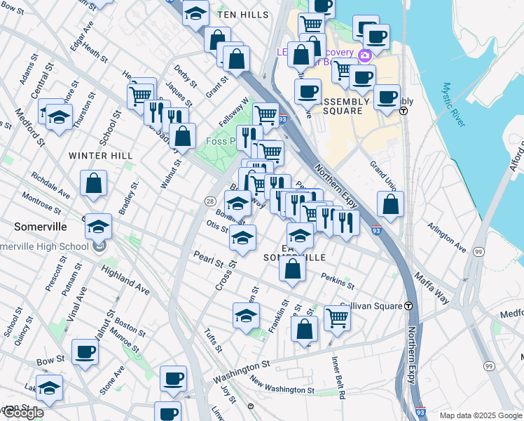 map of restaurants, bars, coffee shops, grocery stores, and more near 174 Broadway in Somerville