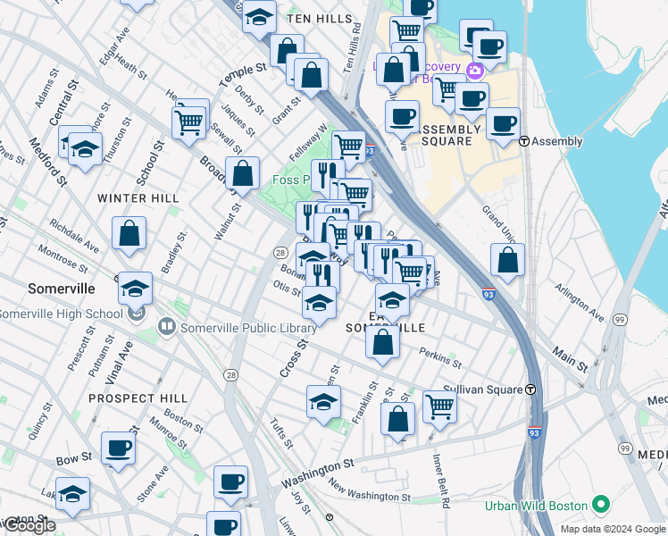 map of restaurants, bars, coffee shops, grocery stores, and more near 174 Broadway in Somerville
