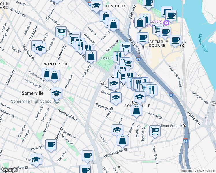 map of restaurants, bars, coffee shops, grocery stores, and more near 23 Bonair Street in Somerville