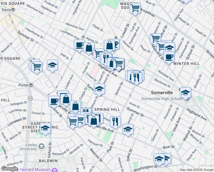 map of restaurants, bars, coffee shops, grocery stores, and more near 16 Spring Hill Terrace in Somerville