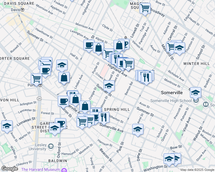 map of restaurants, bars, coffee shops, grocery stores, and more near 121 Lowell Street in Somerville