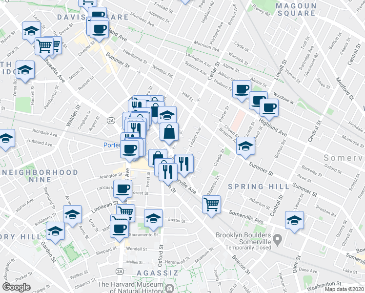 map of restaurants, bars, coffee shops, grocery stores, and more near in Somerville