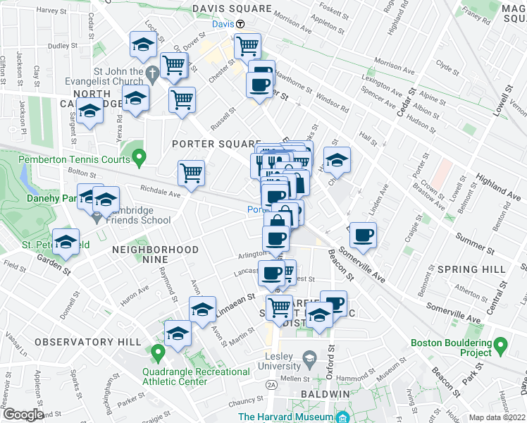 map of restaurants, bars, coffee shops, grocery stores, and more near 1 Richdale Avenue in Cambridge