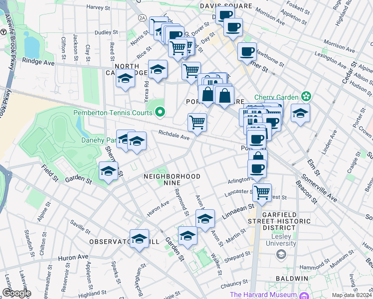map of restaurants, bars, coffee shops, grocery stores, and more near 77 Walden Street in Cambridge