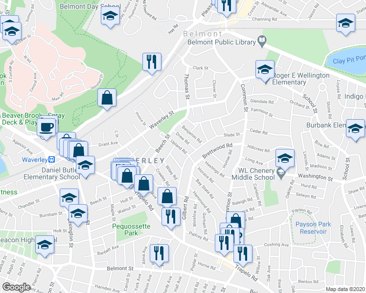 map of restaurants, bars, coffee shops, grocery stores, and more near 28 Upland Road in Belmont