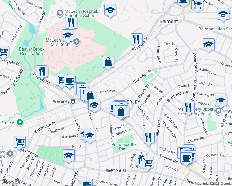 map of restaurants, bars, coffee shops, grocery stores, and more near 65 Grant Avenue in Belmont