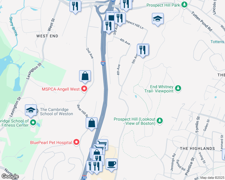map of restaurants, bars, coffee shops, grocery stores, and more near 230 3rd Ave in Waltham