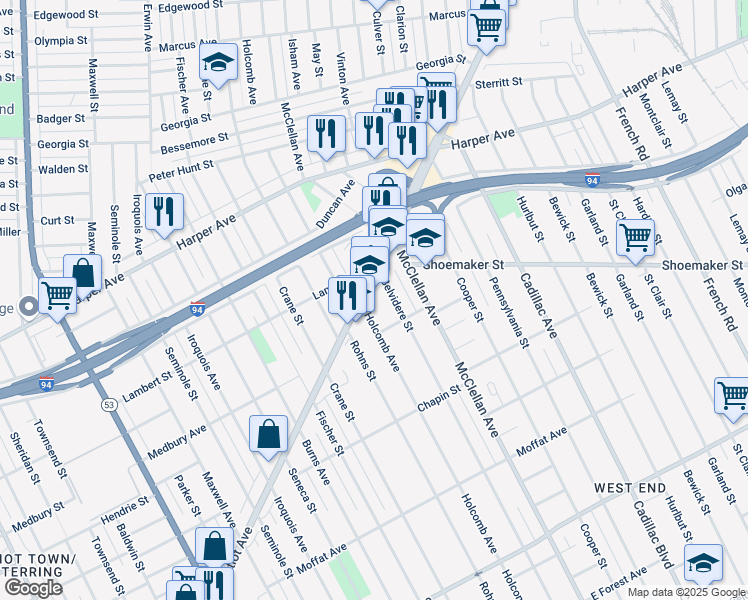 map of restaurants, bars, coffee shops, grocery stores, and more near 9111 Gratiot Avenue in Detroit