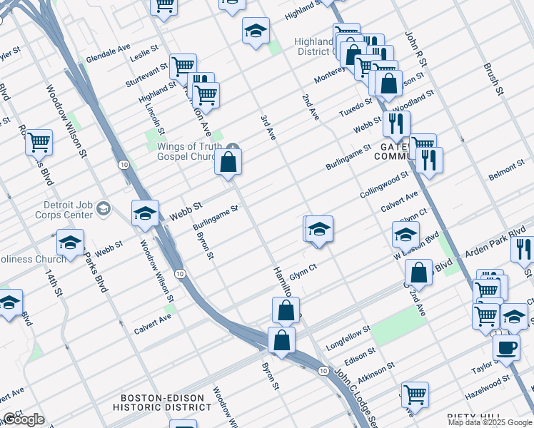map of restaurants, bars, coffee shops, grocery stores, and more near 918 Lawrence Street in Detroit