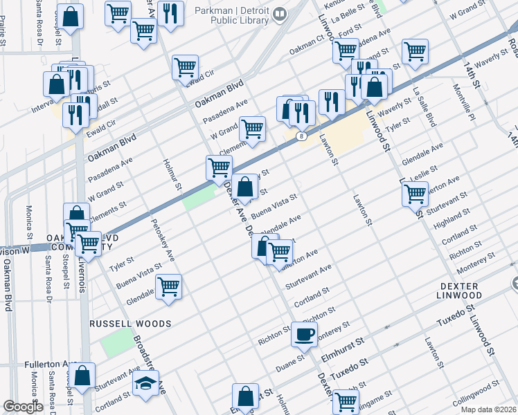 map of restaurants, bars, coffee shops, grocery stores, and more near 3330 Buena Vista Street in Detroit
