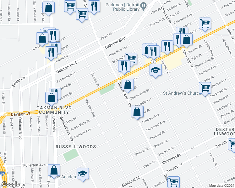 map of restaurants, bars, coffee shops, grocery stores, and more near 3761 Waverly Street in Detroit